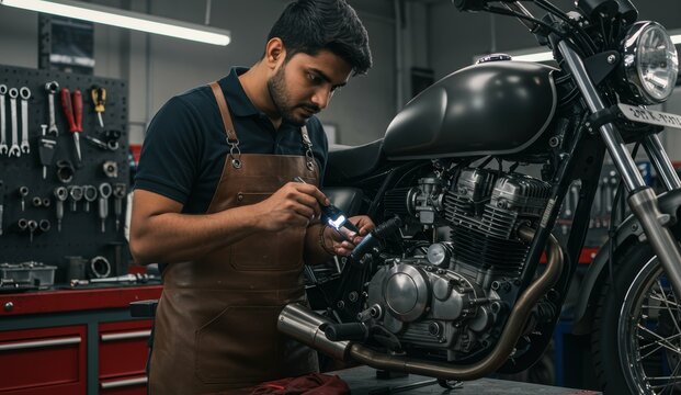 Indian male mechanic inspecting engine of black motorcycle in workshop highlighting craftsmanship, automotive culture.