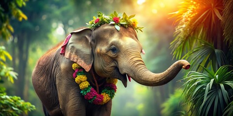 Joyful Elephant with Tropical Flower Garland in Sunny Jungle