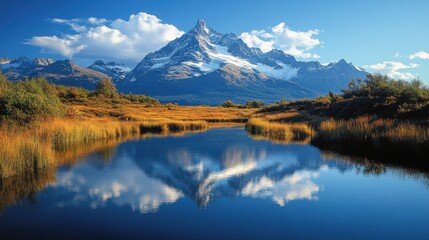 Fototapeta premium Towering Mountain Peaks Reflected in a Still Lake