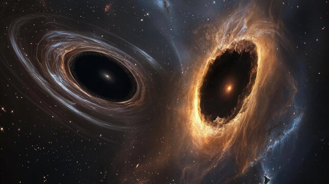 Vibrant colors and light dance across a dramatic cosmic scene, depicting swirling black holes and the mysterious forces that govern the universe, revealing the intricate complexities of the cosmos
