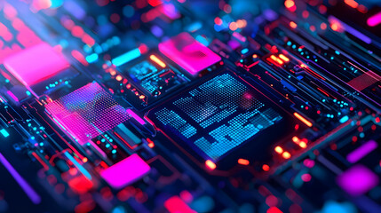 Fototapeta premium Abstract Colorful Circuit Board with Neon Lights and Patterns
