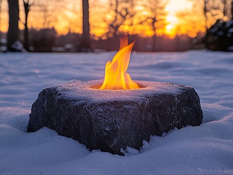 Cozy stone fire pit winter sunset scene