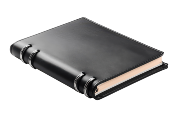 Elegant black leather binder on a white surface, exuding timeless style isolated on transparent background