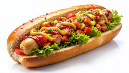 Juicy Hot Dog with Toppings: Delicious Double Exposure Stock Photo