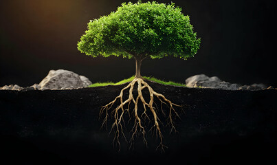 Lush Green Tree with Exposed Roots in Dark Soil Environment