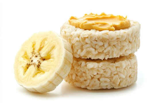 Delightful rice cakes topped with creamy nut butter and fresh banana slices on a bright background isolated on transparent background