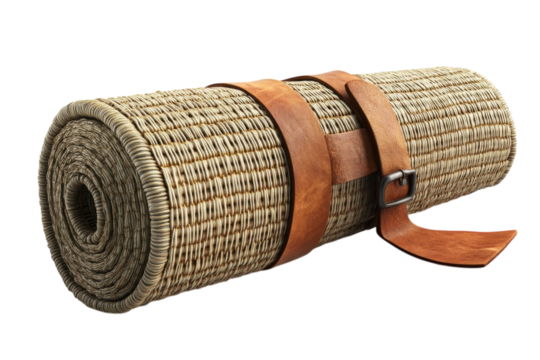 A Tightly Rolled Woven Mat Secured With A Rich Brown Leather Strap, Ready For Travel Or Adventure, Showcasing Intricate Craftsmanship And Rustic Charm Against A Clean White Backdrop Isolated on Transp
