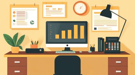Stylized home office setup with a computer, papers, and other office objects.