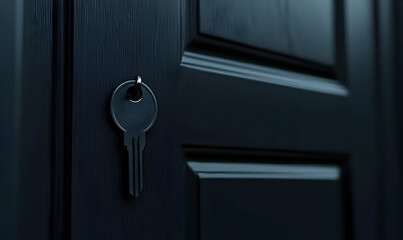 Obraz premium Key in Lock on Dark Wooden Door with Modern Design Elements