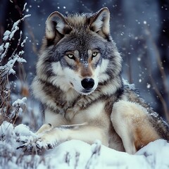 Obraz premium Beautiful gray wolf hunting in frozen wilderness high-resolution picture