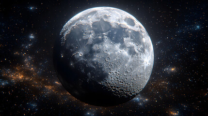 Fototapeta premium Lunar Spectacle: The moon, a celestial sphere of rock, hangs in the vast canvas of space, its surface intricately textured with craters, valleys, and plains.
