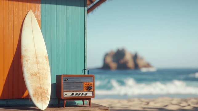 Bright and Colorful 1960s Surf Shack with Vintage Radio and Surfboard on a Sunny Beach