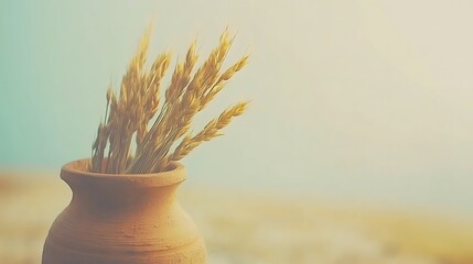 Yellow wheat stalks in a clay pot with background colors