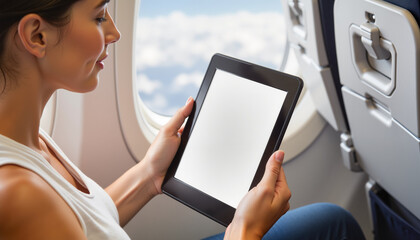 Woman reading E-Book Reader on an airplane against cloud background  