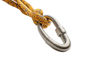 A strong metal carabiner attached to a vibrant yellow climbing rope in a well-lit setting isolated on transparent background