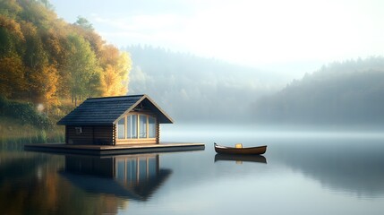 Fototapeta premium A floating house on a tranquil lake with a small boat docked nearby