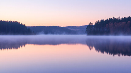 Fototapeta premium Scenic lake with trees in the background and rippling vaporous reflections at dusk, creating a beautiful and tranquil nature landscape.
