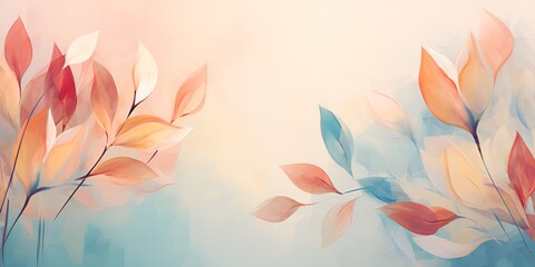 Abstract floral composition with pastel colors and textured leaves on a beige background. 