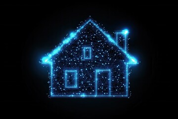 Digital smart home technology represented by a glowing blue house silhouette with connected dots and lines