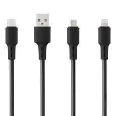 Black cable for charging and synchronization with Type - C, USB, Micro USB, Lightning connectors on...