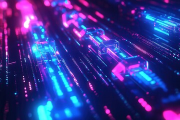 Digital blockchain chain links glowing in blue and pink neon, reflecting light on a tech circuit pattern backdrop