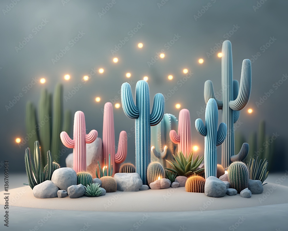 Poster pastel cacti desert scene with string lights
