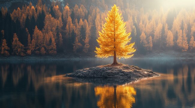 A larch tree glowing golden on an island in the middle of a lake shaped like a sunrise