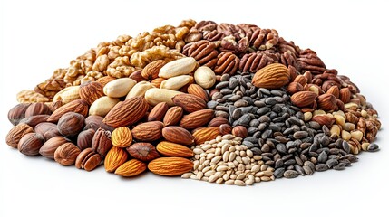 Naklejka premium Variety of nuts and seeds arranged on a white background highlighting their natural textures and colors for culinary inspiration