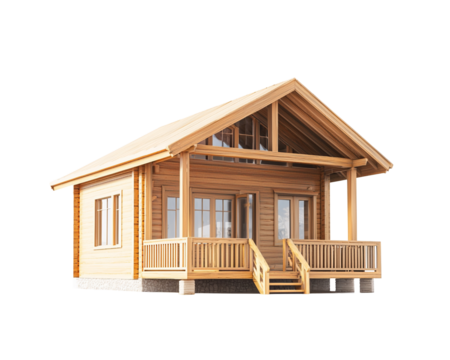 Wooden Cabin with Porch on Transparent Background, Isolated PNG Image