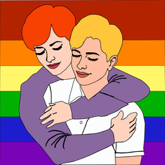 An illustration that conveys love, tenderness, and connection between two women embracing with their eyes closed, reflecting mutual trust and affection. Behind them, the LGBTQ+ pride flag symbolizes d