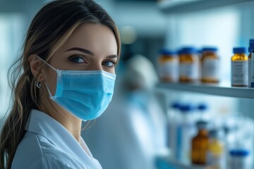 Health professional in a laboratory wearing a protective mask while preparing medication