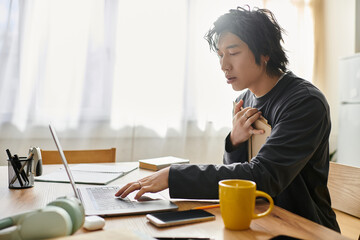 Focused young man studying at home with a laptop and cup of coffee