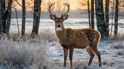 Fototapeta premium A graceful Siberian roe deer stands quietly in a frost-covered meadow ai