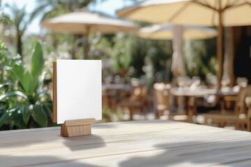 Outdoor Restaurant Tabletop Mockup with Blank White Card on Wooden Stand