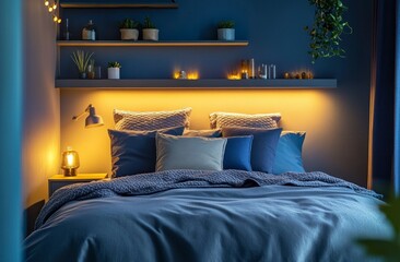 Cozy Bedroom Interior with Warm Lighting and Decorative Shelves at Night