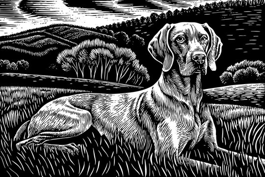 hand drawn sketch of Hungarian hound pointer vizsla dog black and white outline illustration