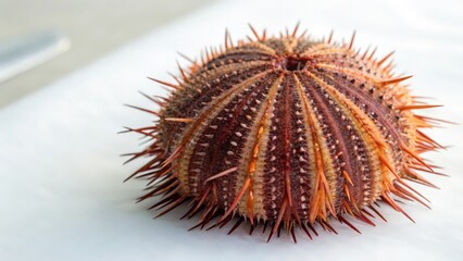 Detailed Close-Up of a Sea Urchin Shell with Natural Texture on a White Plate  

