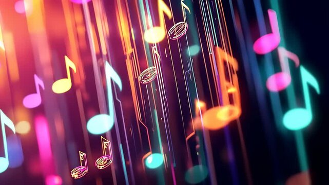 Colorful musical notes cascading through vibrant light beams in a dynamic abstract background