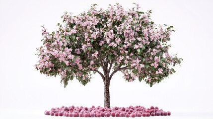 Obraz premium A flowering tree surrounded by pink fruits on a white background.