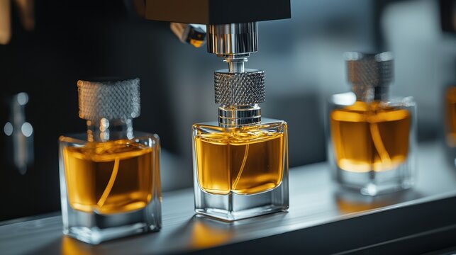 Close-Up of Luxury Perfume Bottles in Production Setting with Elegant Design and Bright Liquid