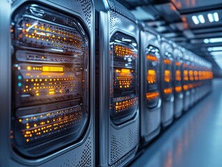 A futuristic high-tech facility with neatly arranged battery storage systems. Generative AI