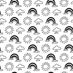 Fototapeta premium pattern of spring weather. Clouds with rain, rainbow, sun. Flat monochrome drawings in doodles. Icons, symbols of nature. spring, summer, autumn. The texture is made in the form of handmade lines