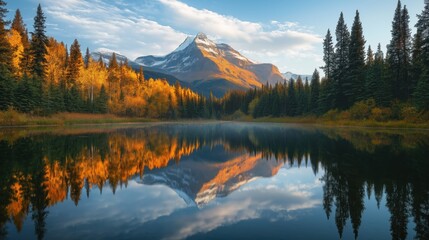 Obraz premium A serene alpine lake reflecting a majestic mountain peak at sunrise, with vibrant autumnal forests lining the shores
