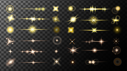 Big set Collection of different light effects golden glitter, star shine background with stars.Stars in space. Isolated glints set. Sparkle glares.Vector shimmering elements