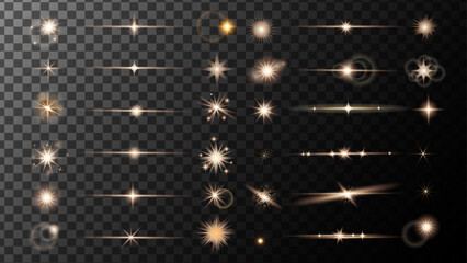 Set Glitter luxury stars, Confetti, sequins, dust, sparks. on transparent background.Realistic flares. Glowing effects. Stars in space. Isolated glints set. Sparkle glares.Vector shimmering elements