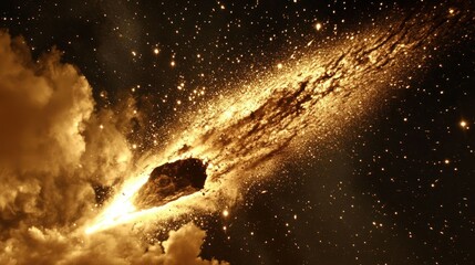 Golden celestial clouds and stars glow against a dark cosmic space scene.