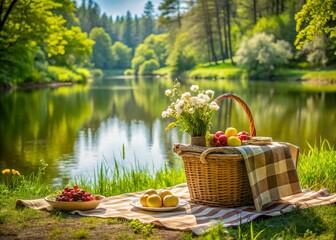 Lakeside Picnic: Forest Flowers & Refreshments.  Stunning Green Nature  Background