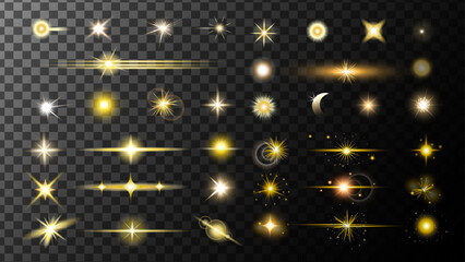 Glow isolated white transparent light effect, Realistic flares. Glowing effects light or sunlight reflection from lens. Stars in space. Isolated glints set. Sparkle glares. Vector shimmering elements.