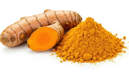 Turmeric root and powder on white background highlight culinary uses and health benefits.