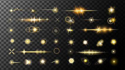 Sparkling stars, flickering and flashing lights. Collection of different light effects.Realistic flares.  Glowing effects.Stars in space. Isolated glints set. Sparkle glares.Vector shimmering elements